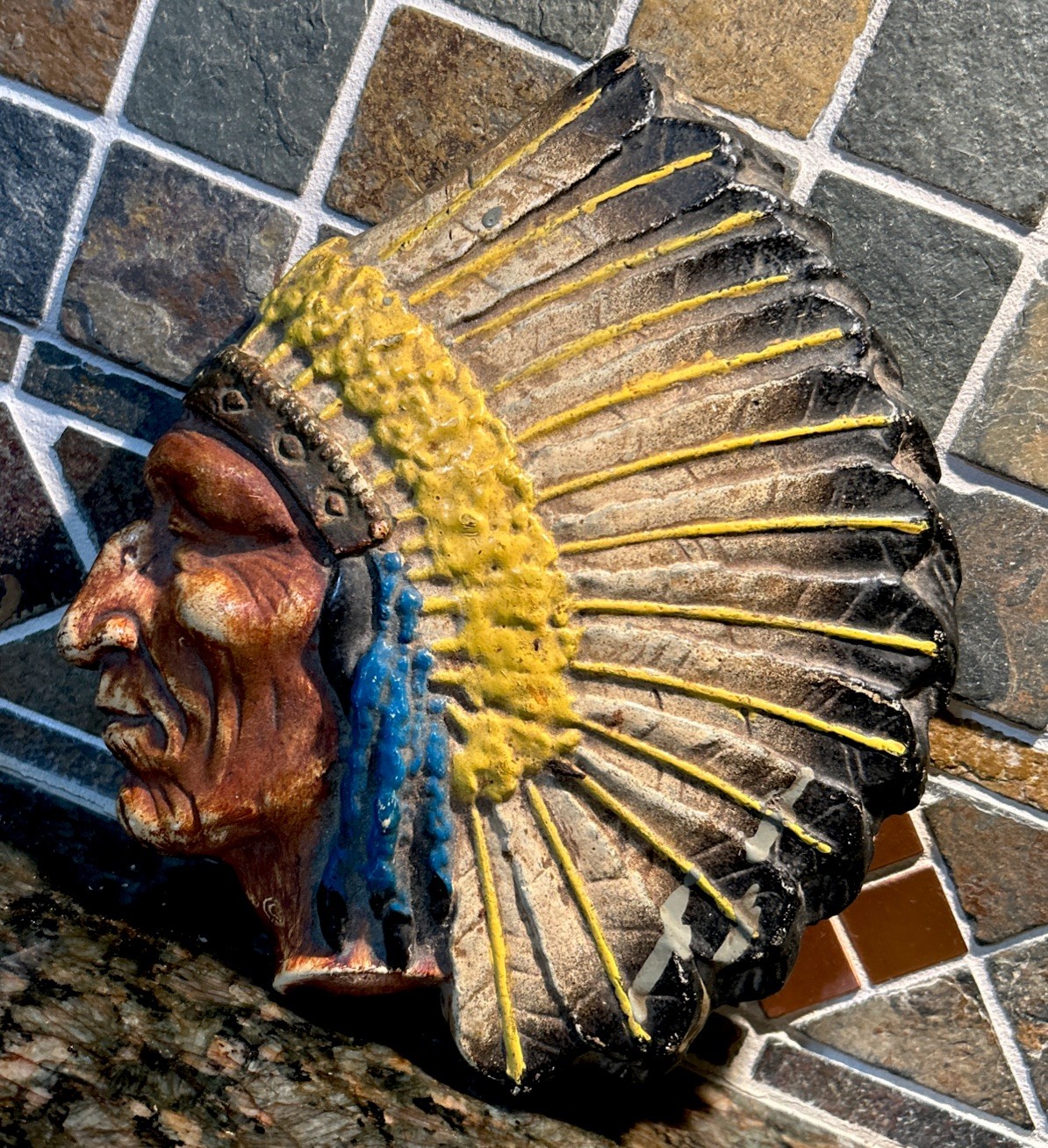 Vintage Native American Indian Chief Feather Headdress Cast Aluminum Plaque