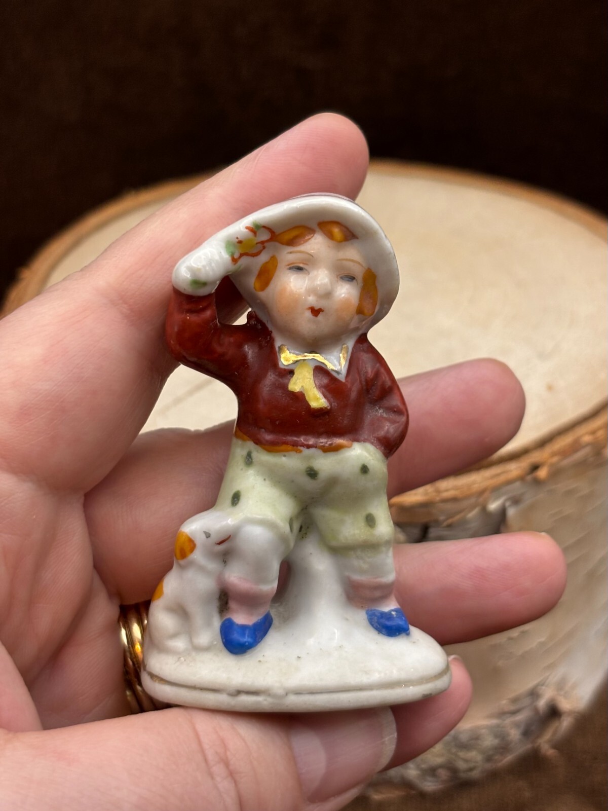 LITTLE BOY w/a Hat & His Puppy 2 3/4″ TALL Porcelain Made In OCCUPIED JAPAN EUC