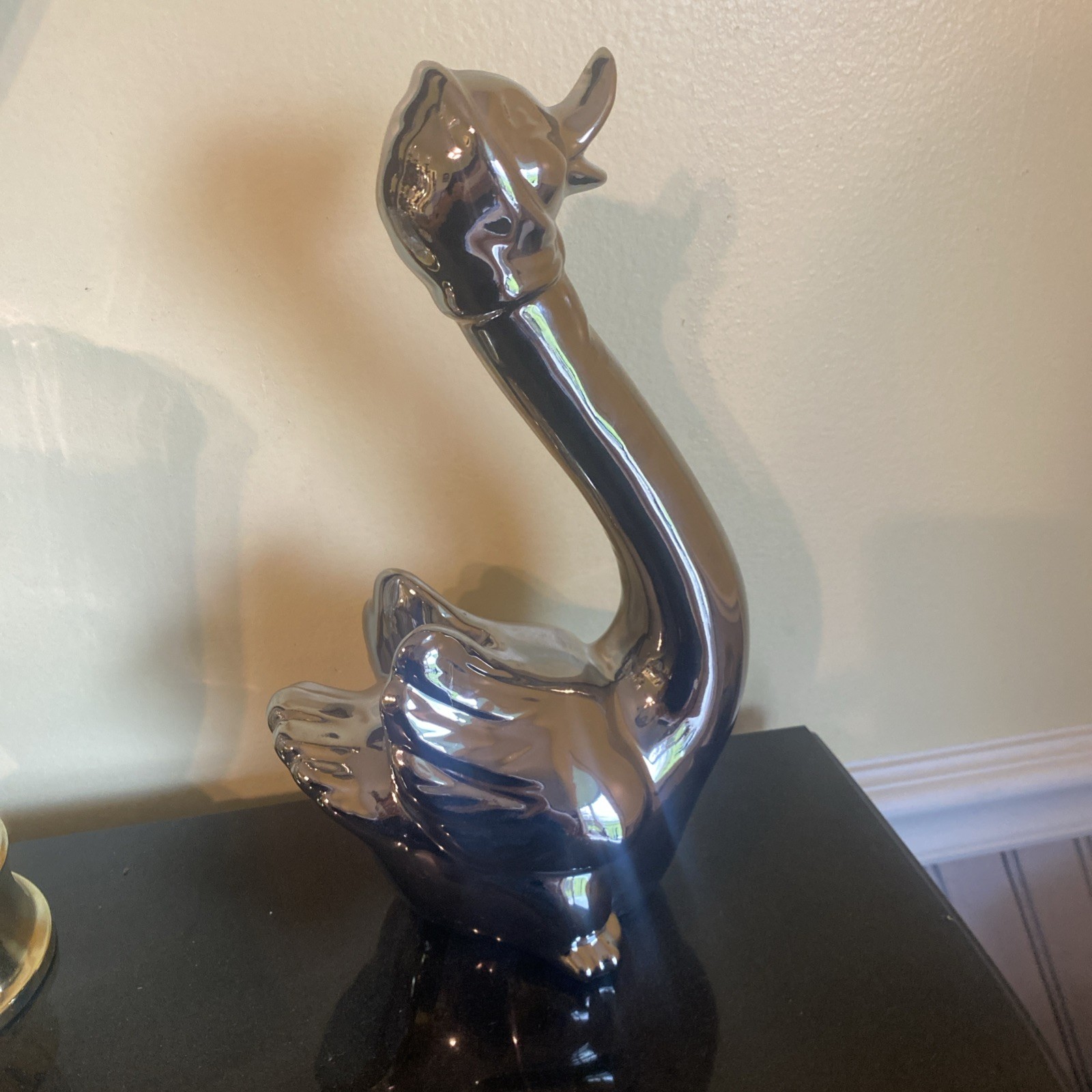 Vintage MCM Chrome Glazed Ceramic Duck Figurine Silver Metallic Statue 1970s