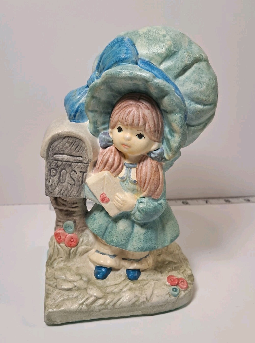Victorian Girl W/ Blue Bonnet Mailing Love Letter Mail Box Porcelain 6.5 Japan