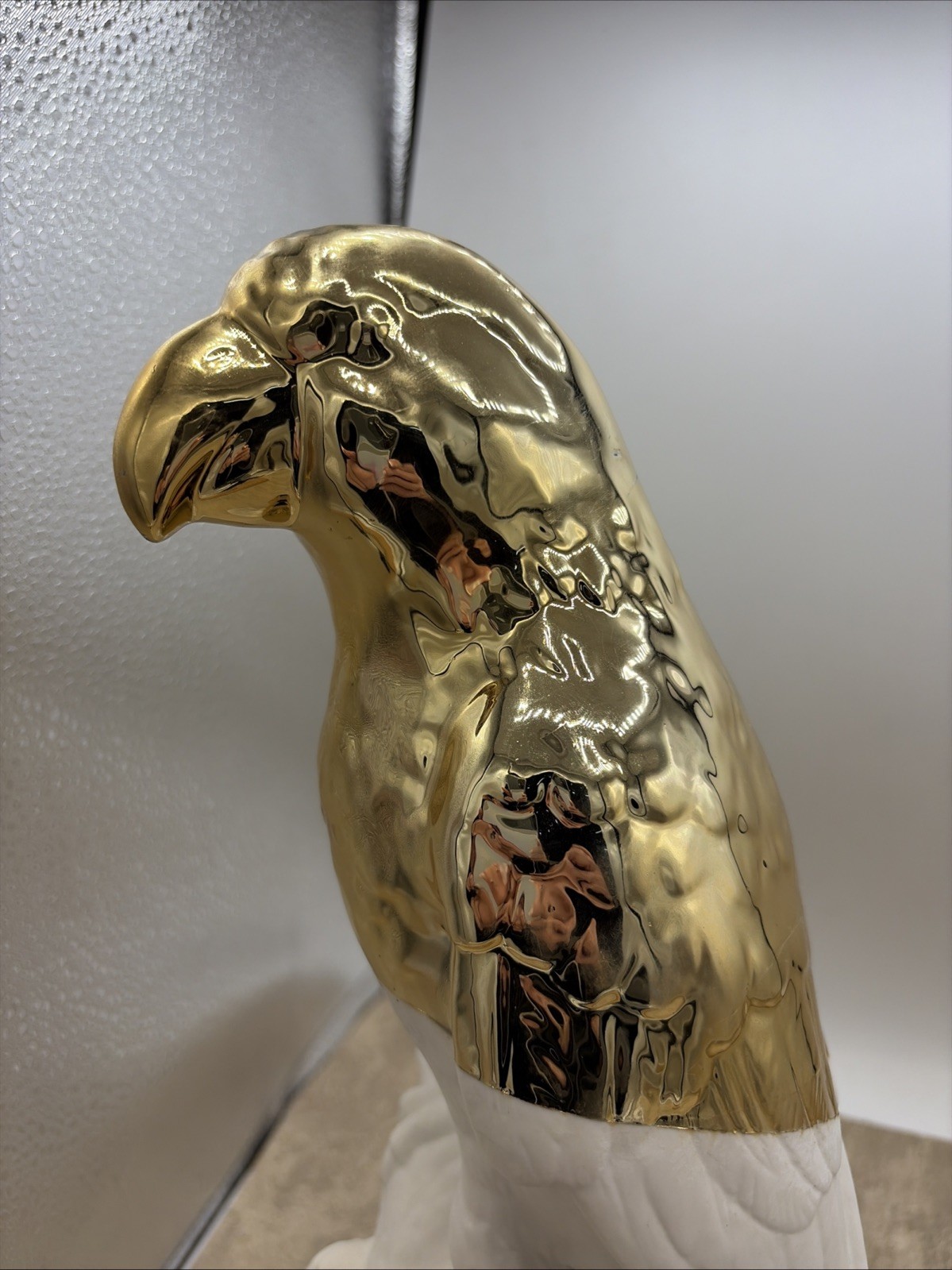 White Ceramic Parrot Statue With Guilded Top Accent 14” Tall