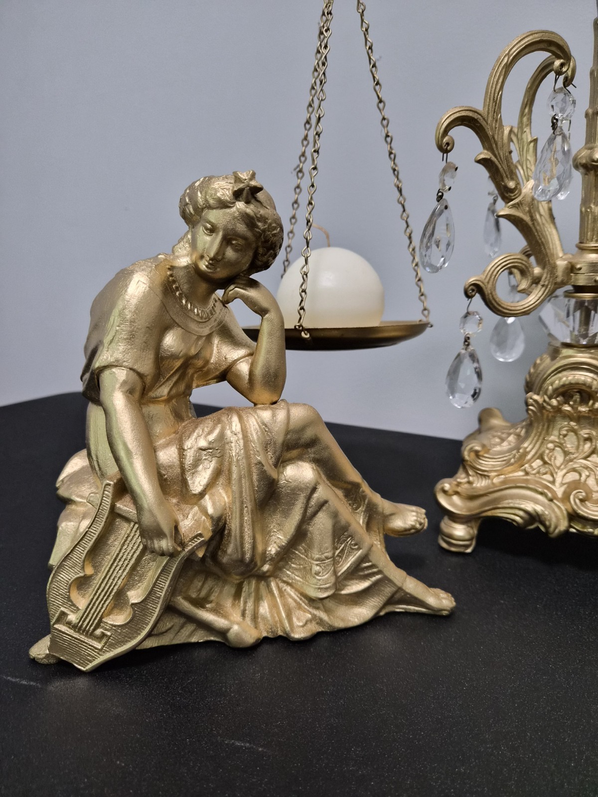 Antique Gold Cast Iron Victorian Woman Clock Topper Minstrel