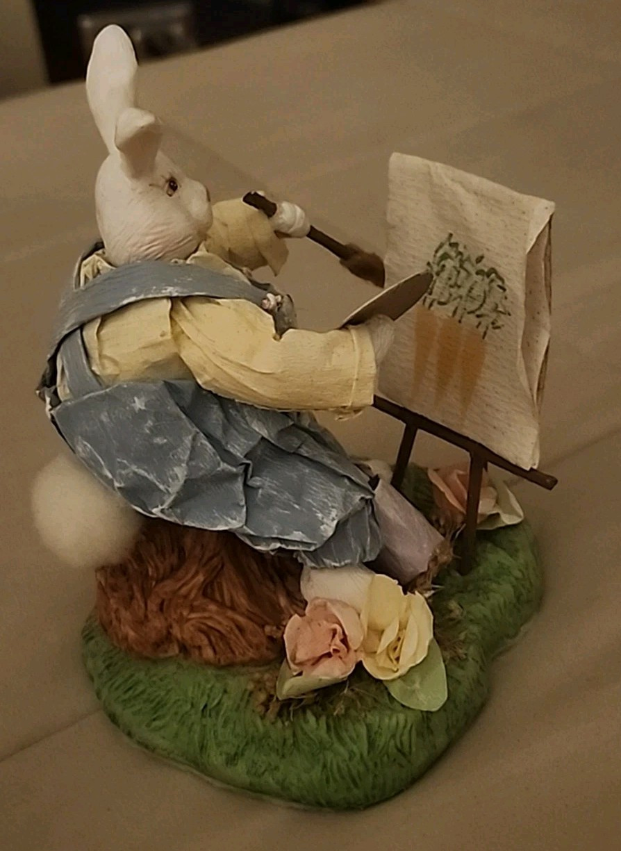 VTG Paper Mache Folk Art Rabbit Bunny Artist Eastel Painting Carrot Whimsical FP
