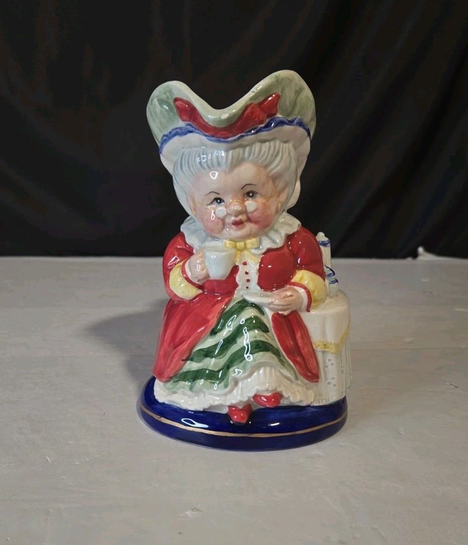 Large Toby Jug, Gravy Pitcher, 6 1/2 inches tall Lady drinking tea Hand Painted