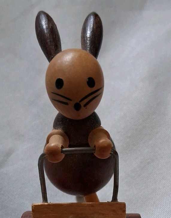 Vintage Goula Spain Wooden Rabbit Bunny Mother Pushing Cart Figurine Collectible