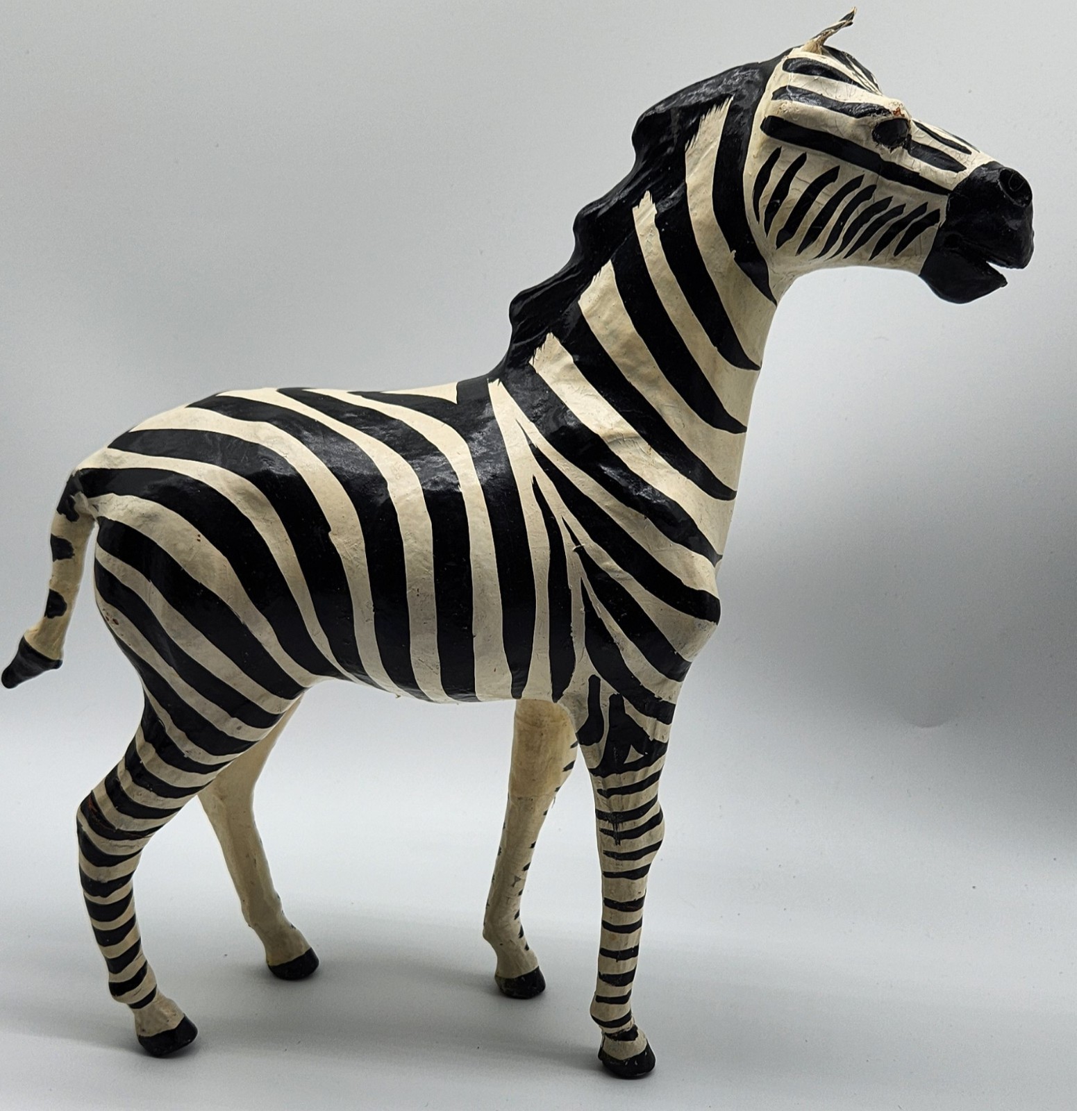 Vintage Zebra Painted Leather Wrapped Animal Figurine African Safari Statue 13″