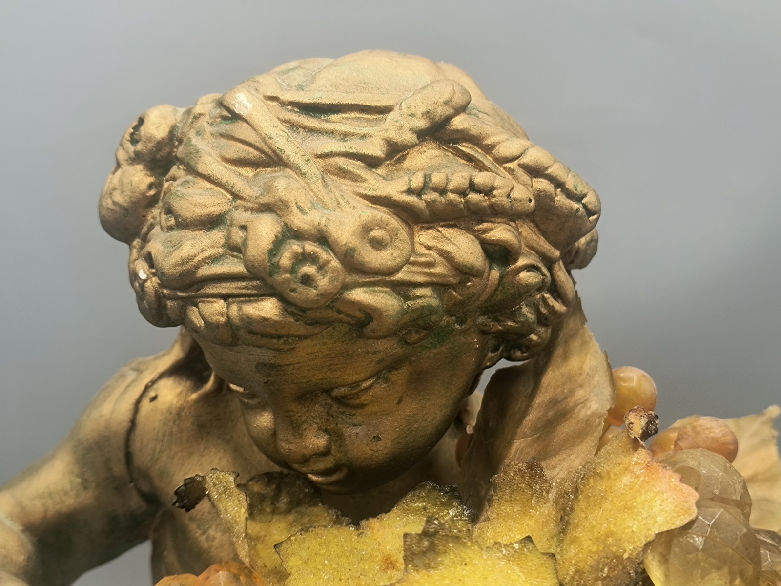 Vintage Plaster Cherub Statue 12″ Antique Gold Pained w/Fruit Bowl Lucite Grapes