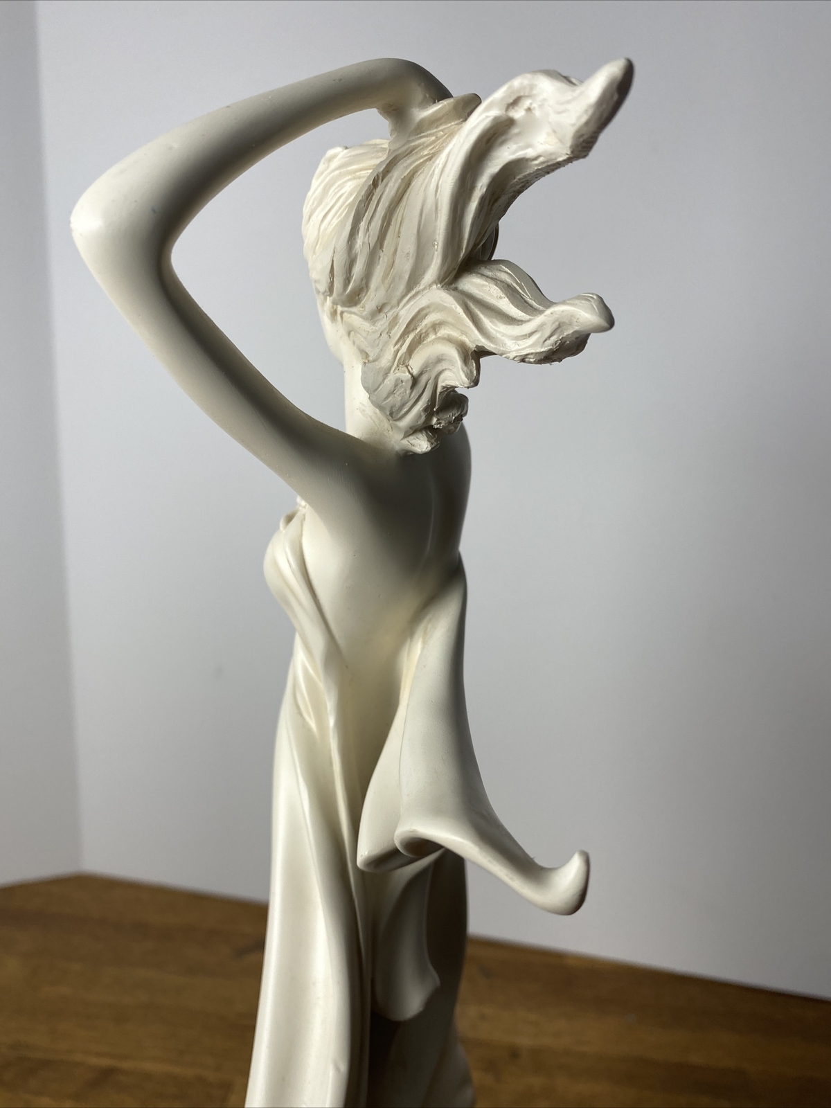 15” Woman in White Flowing Sheet Ivory Toned Sculpture On Wood Base