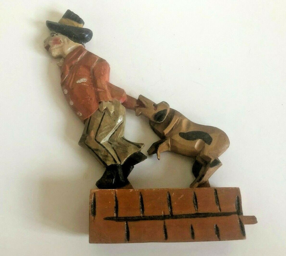 Vintage Painted Wood Carved Movable Man & Dog Pulling On Man’s Coat Figurine
