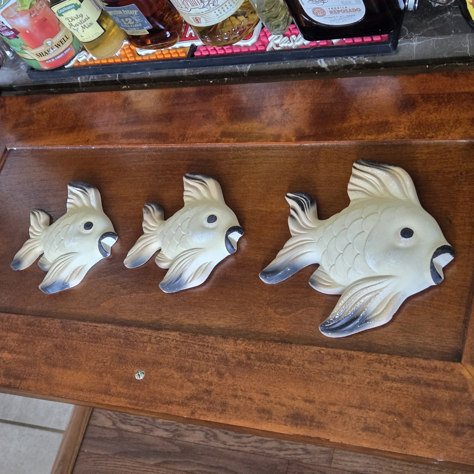 3 Vtg 1960 Miller Studio MCM Fish Chalkware Plaque Wall Hanging Black Cream
