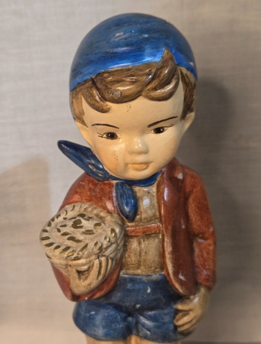 Vintage Chalkware Figurine Hand-Painted Farmers Boy with Pig Hummel Style 8″