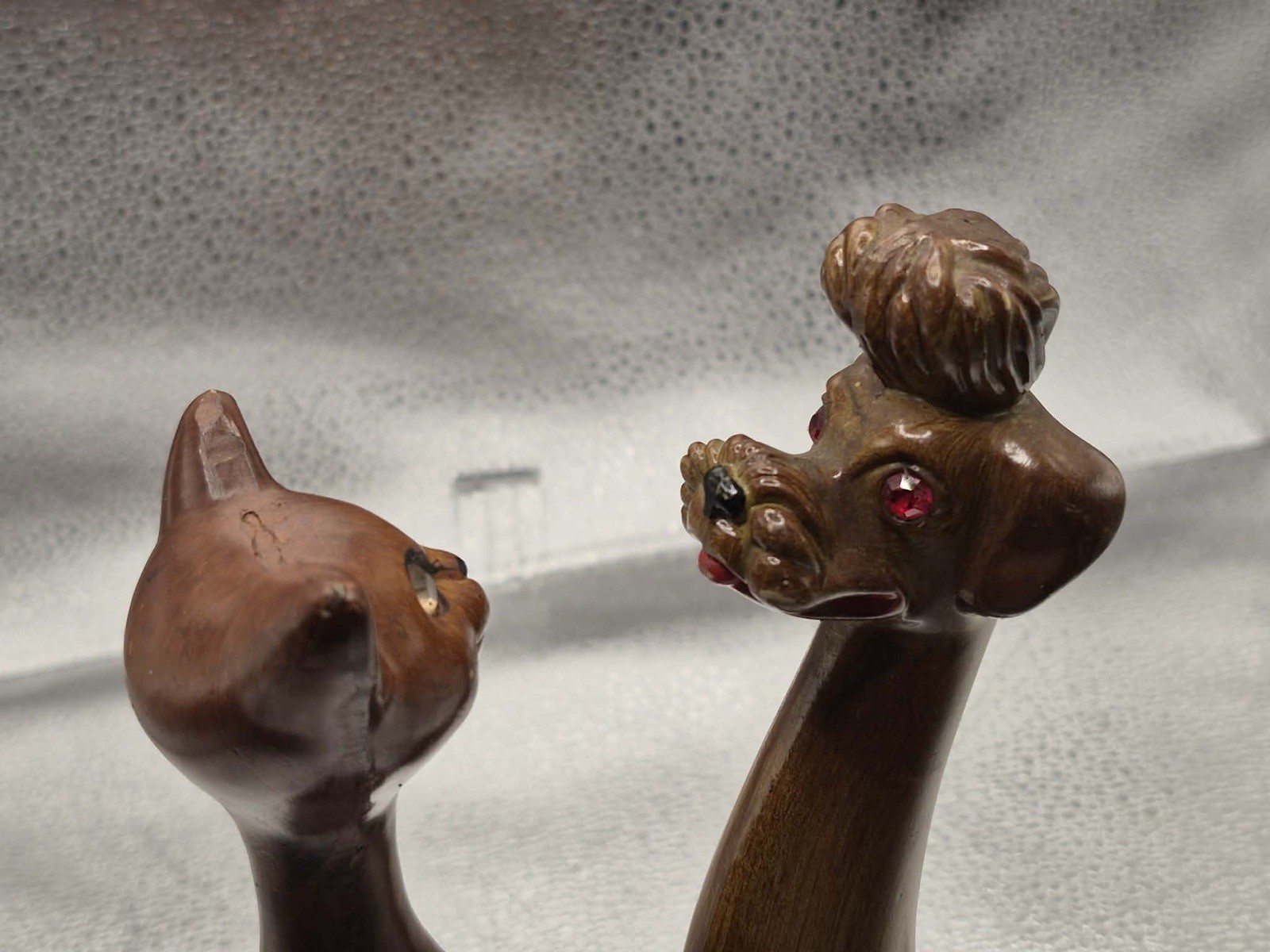 Cute & Kitschy MCM Long Neck Celluloid Cat & Poodle Dog Retro Midcentury Statues
