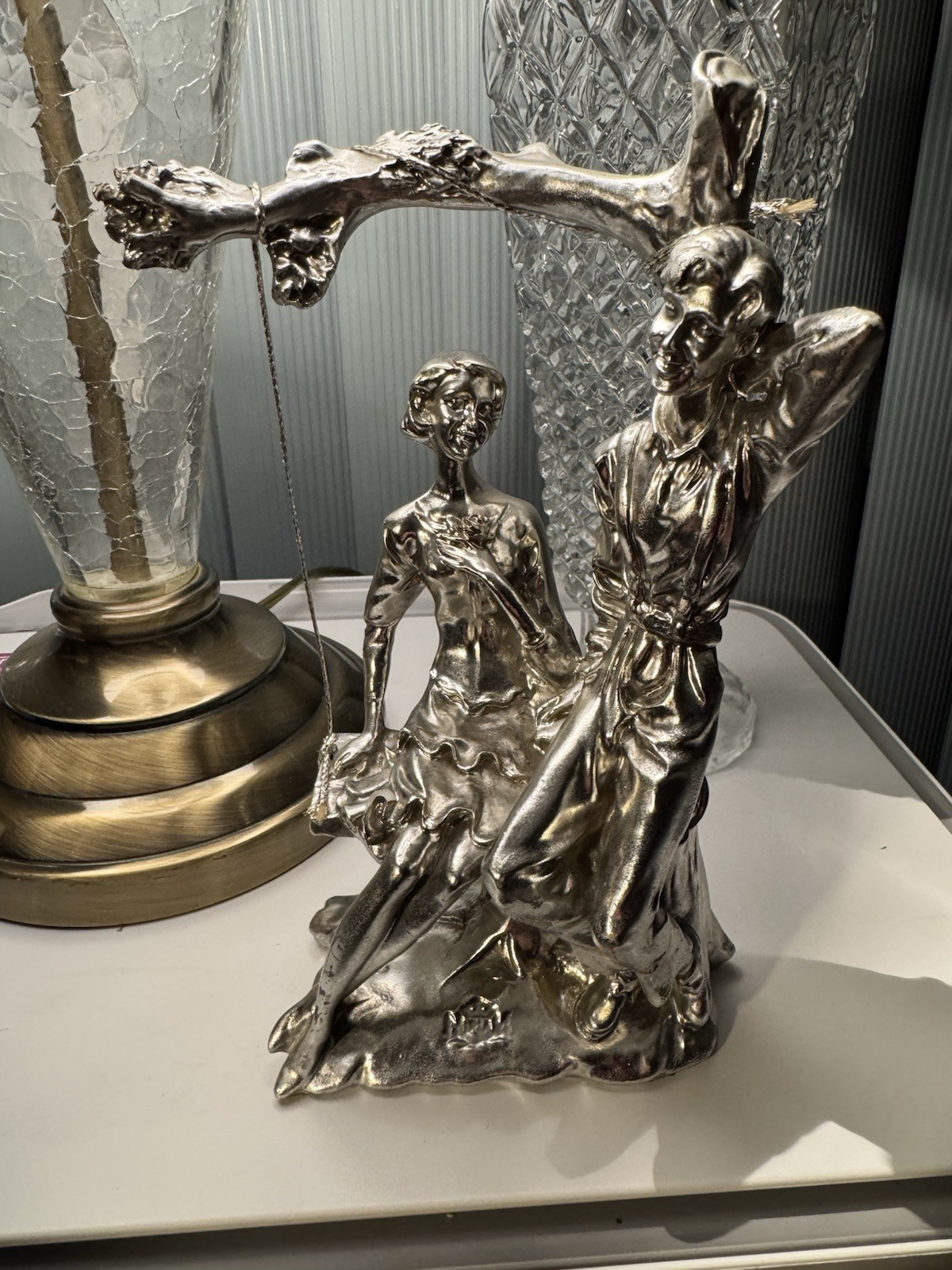 Silver Sculpture Of A Couple Sitting On A Swing Hanging Fm Tree Figurines