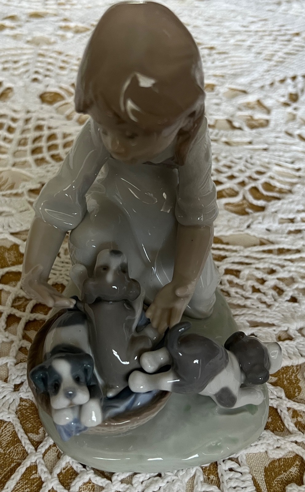 Lladro “Joy In A Basket” retired girl with puppies in basket