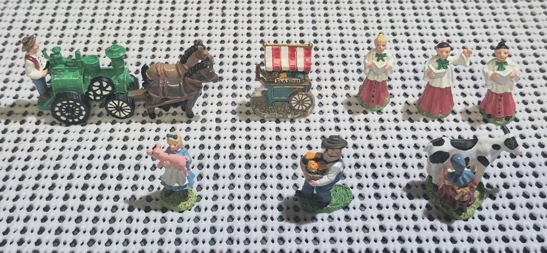 Vintage IRS China Small Cast Iron Christmas Village Farming Figurines, Set of 8.