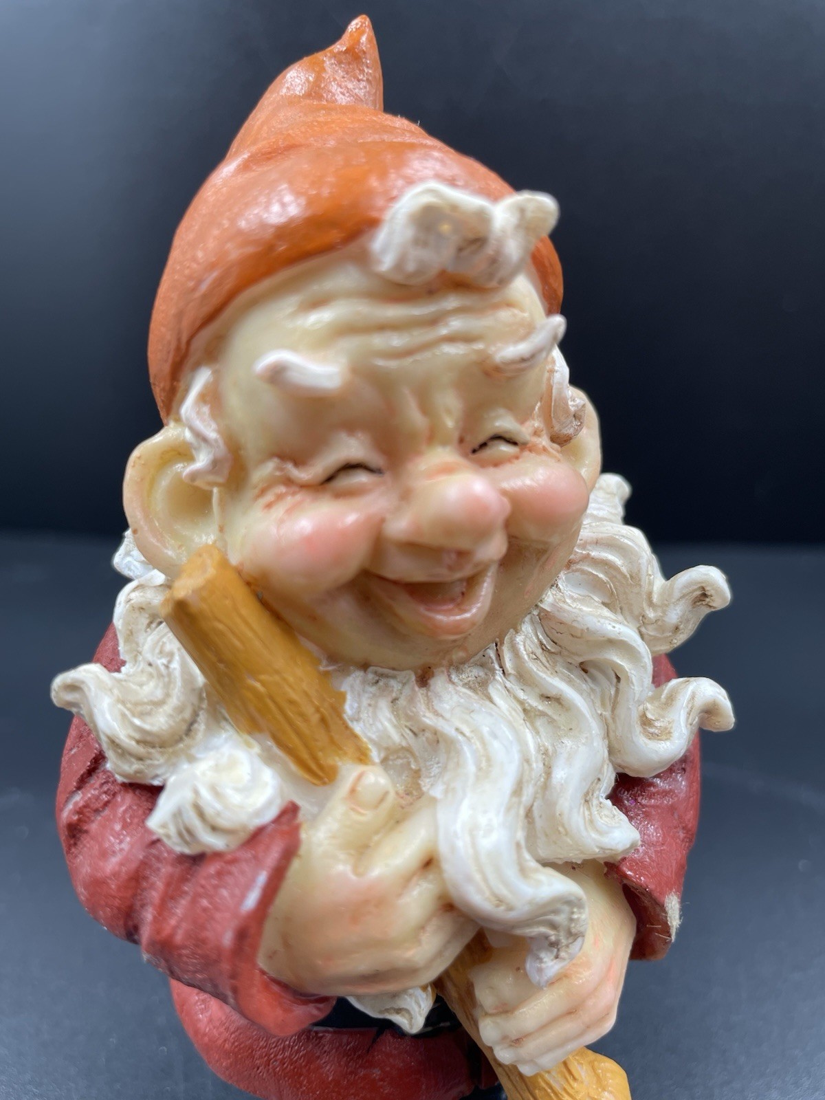 OOAK Mini Garden Gnome Dwarf Sweeping Happy Smiling Resin 4.5” Multicoloured VTG