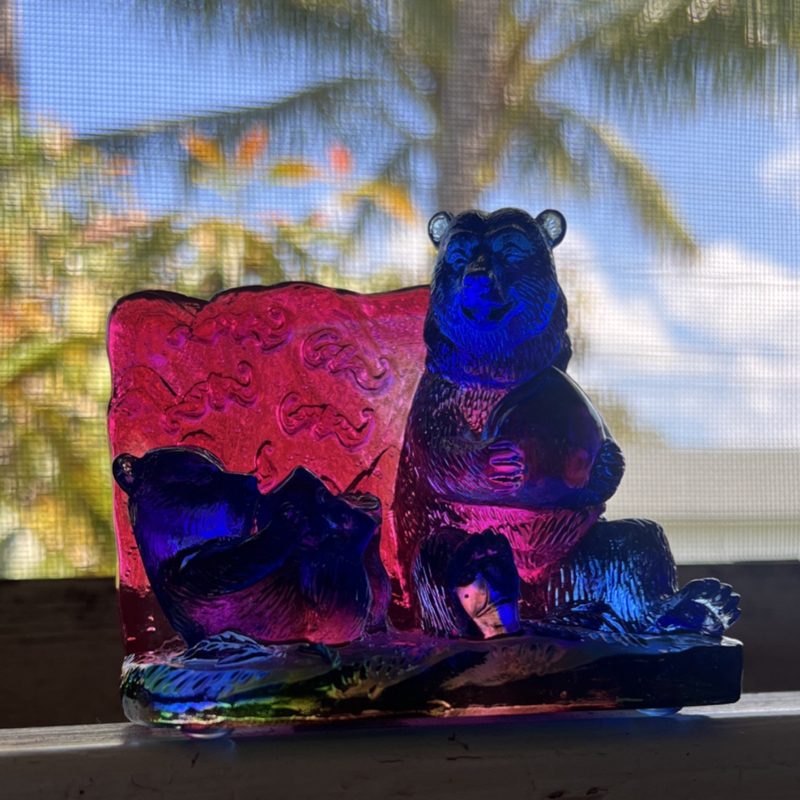 Multicolor glass Glass Bears Figurine with Carvings in Box like Blenko or Mosser