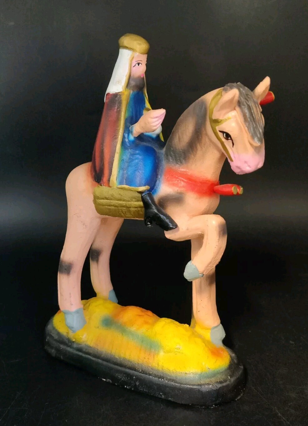 Vintage Wise Man On Horse Hand Painted Folk Art Plaster? Ethnic Religious EVC
