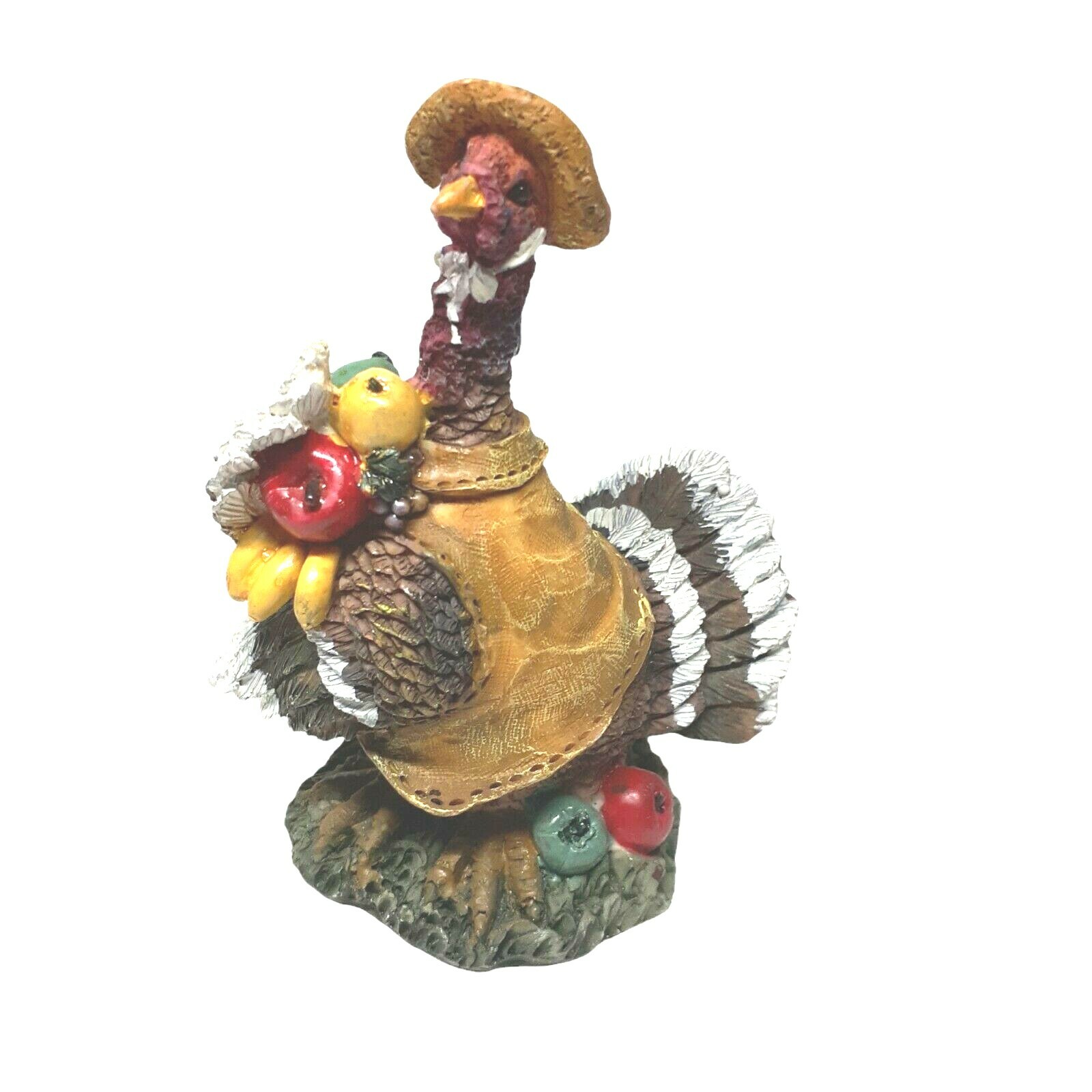 Resin Turkey Figurine with Straw Hat and Harvest Bounty Thanksgiving 4.4″