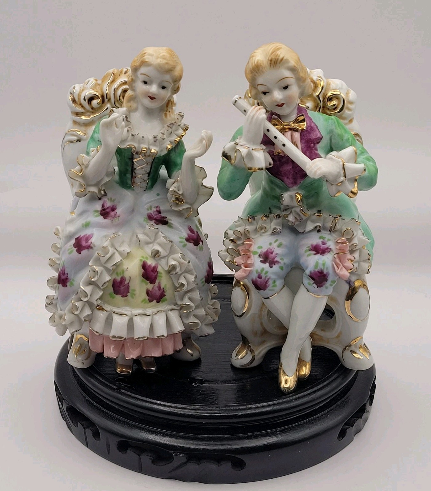 Vintage Victorian Colonial Man with Flute, Victorian Woman Clapping Hands 6″