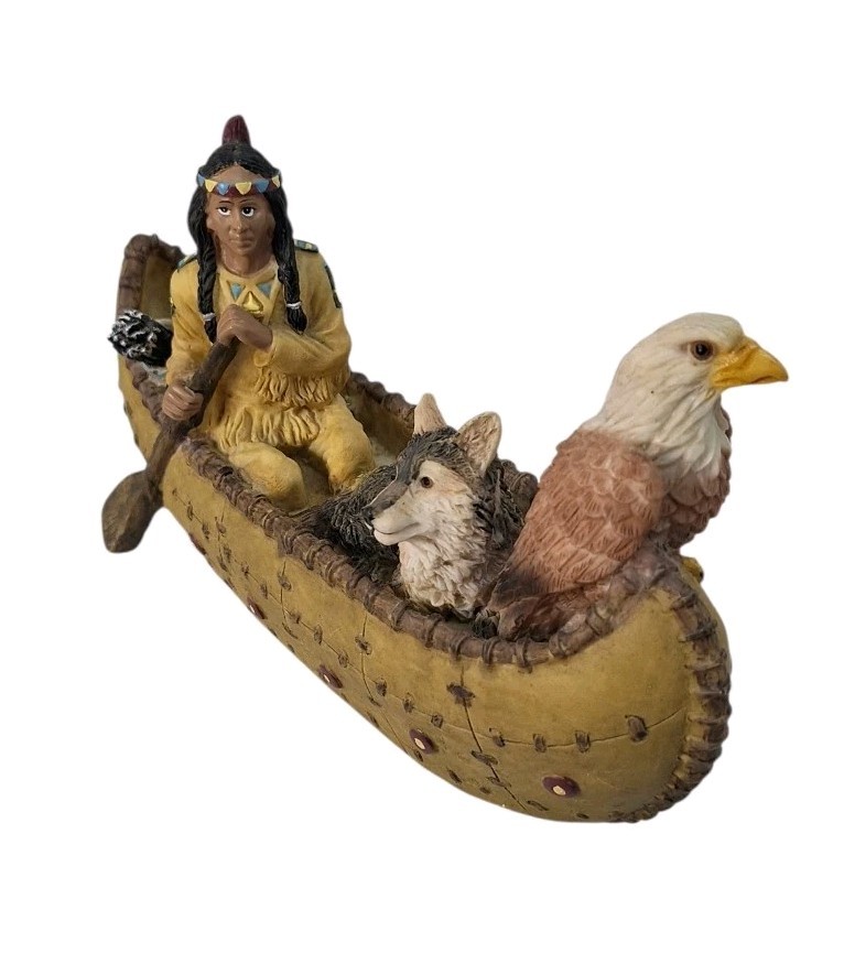 Native American Indian In Canoe Wolf And Bald Eagle 10” Resin Sculpture Young’s