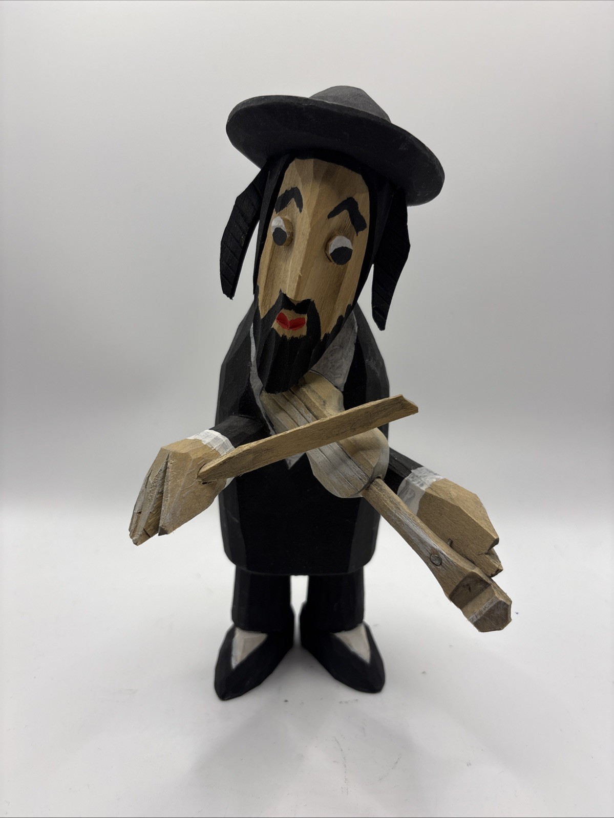 Vtg Set of 2 Hand-Carved Jewish Klezmer Musician 8” Wood Folk Art Figure Judaica
