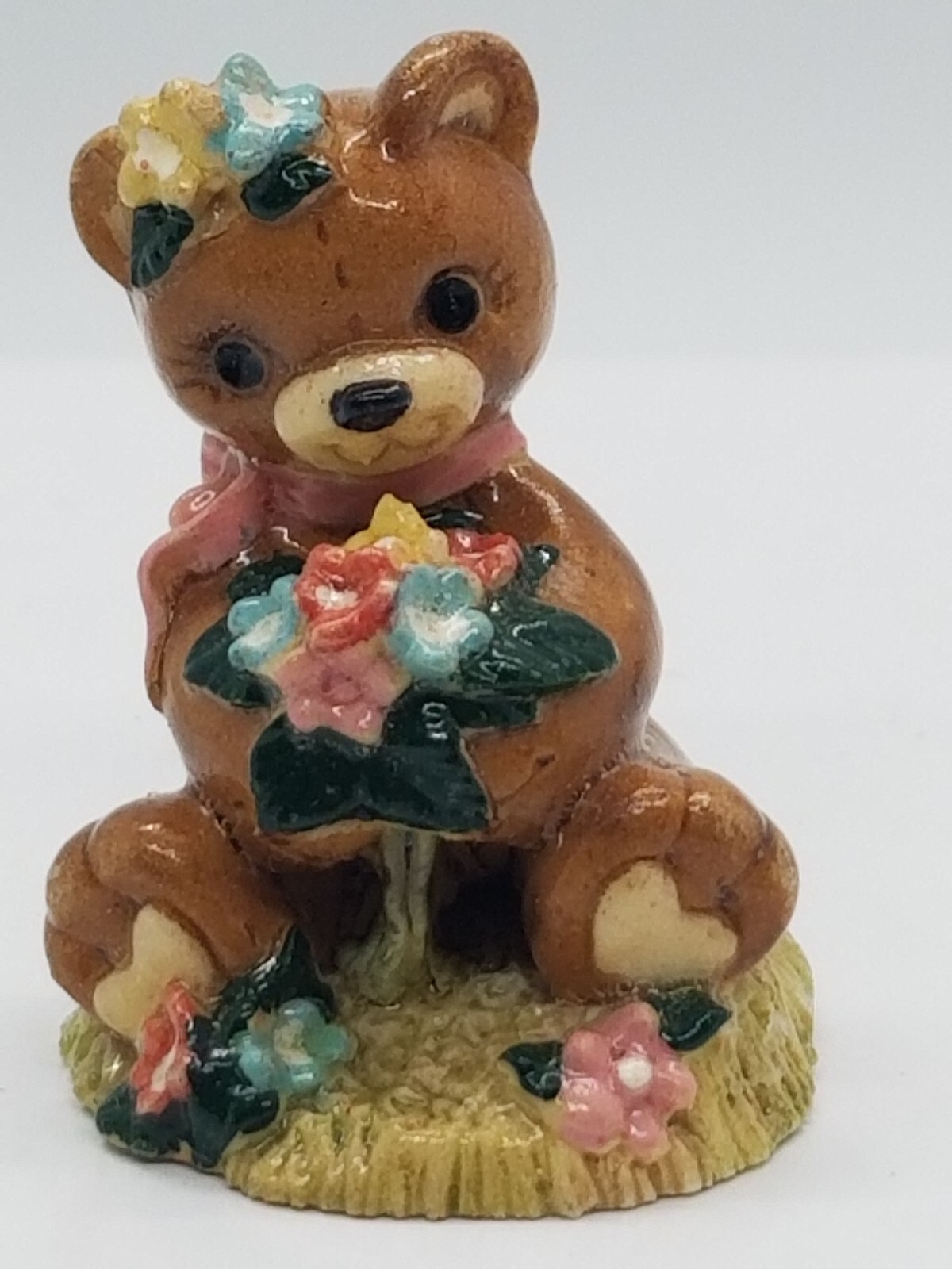 Figurine TEDDY BEAR Miniature PenniBear Flowers Bouquet Vintage