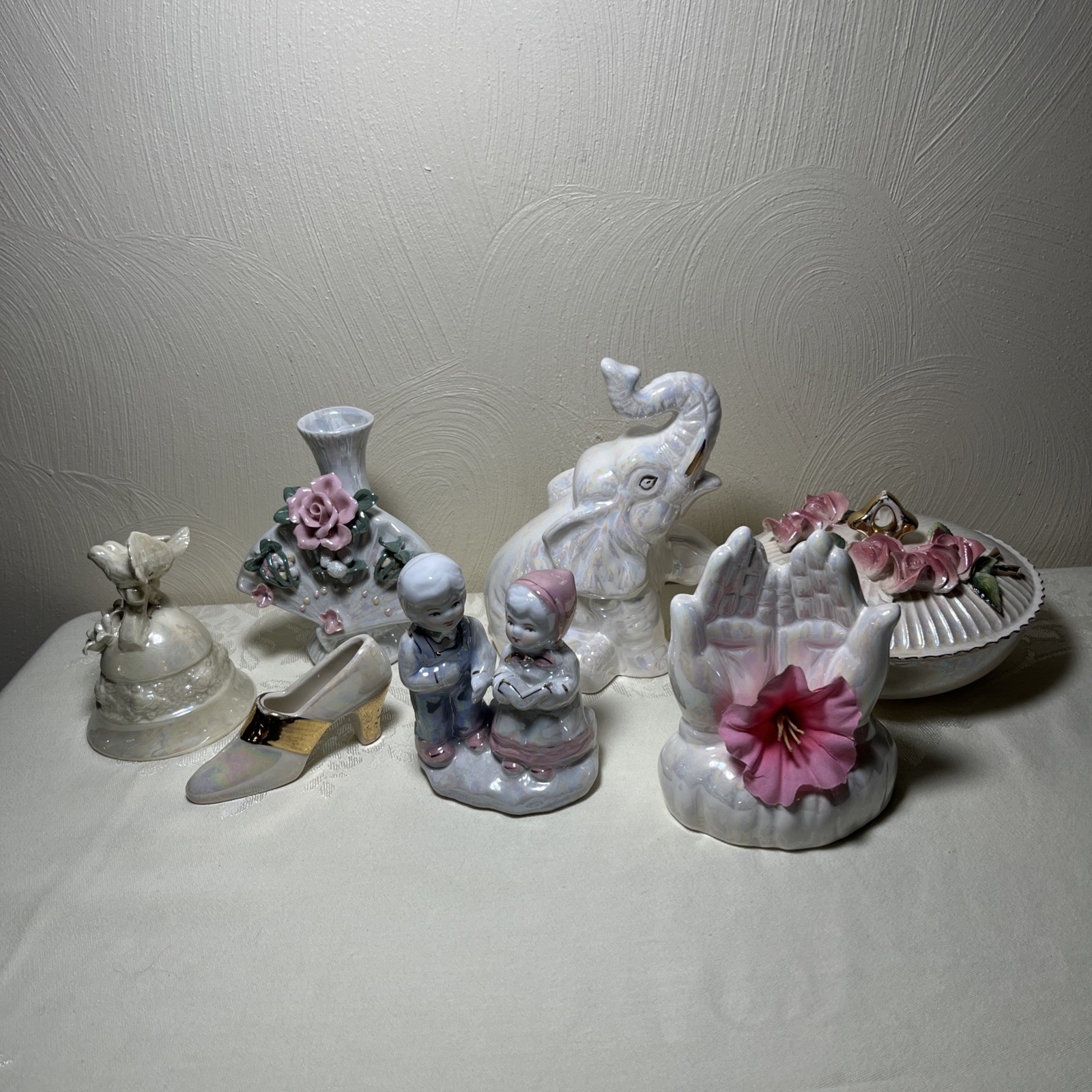 Lot Of 7 Vintage Lusterware Iridescent Porcelain Collection Figurines Bell Vase