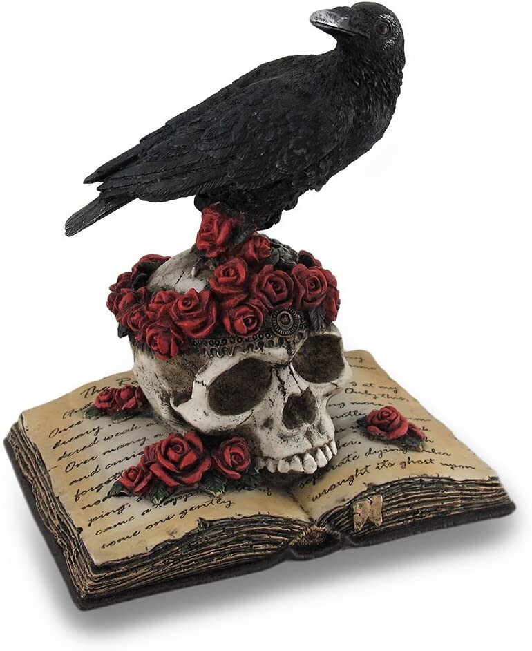 Polystone Black Crow Perching On Skull With Roses On Open Book Home Decorative