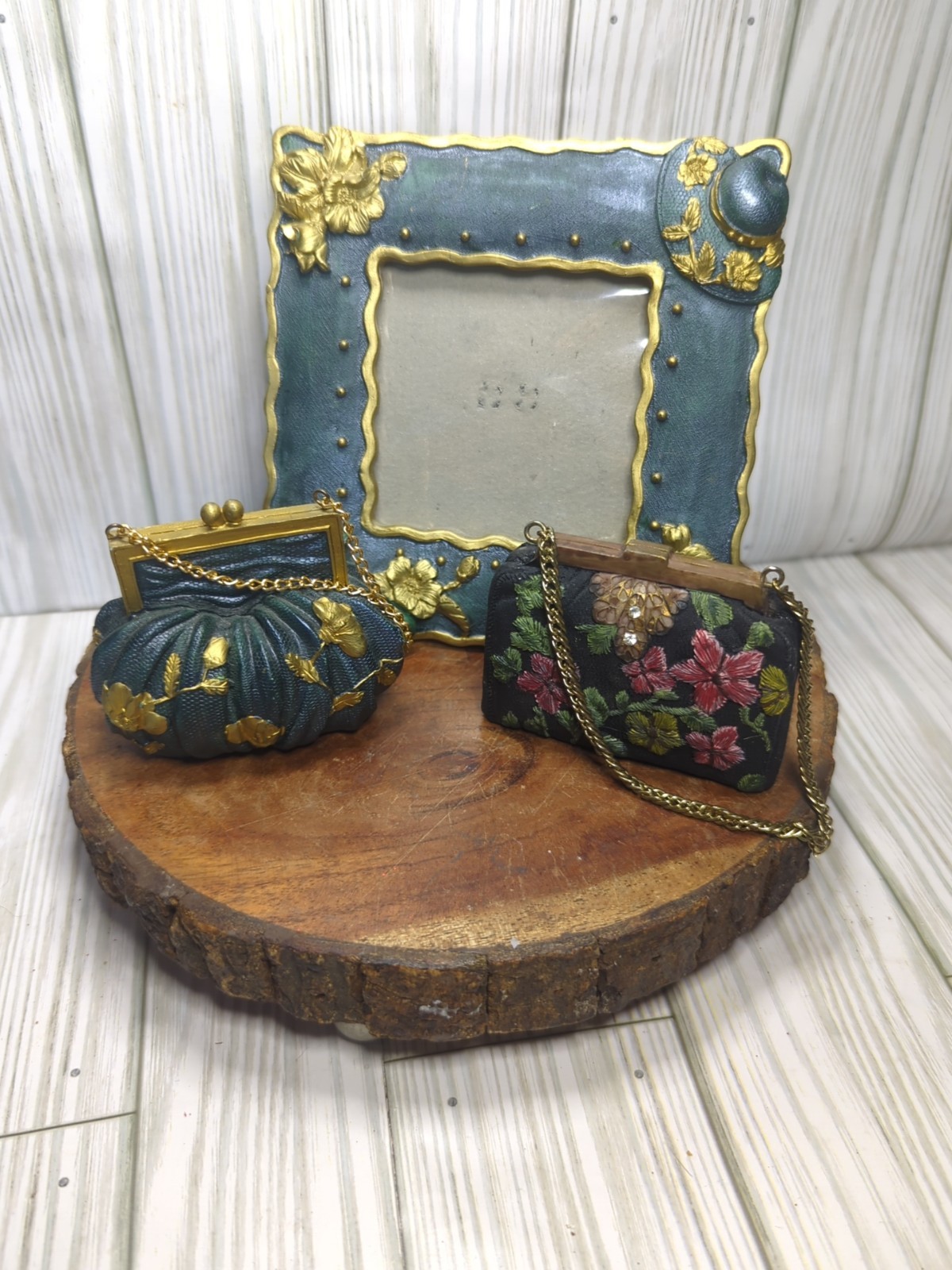 Vintage Mixed Lot Of 3 Vanity Set – Frame and Clutches – Floral Theme Miniature