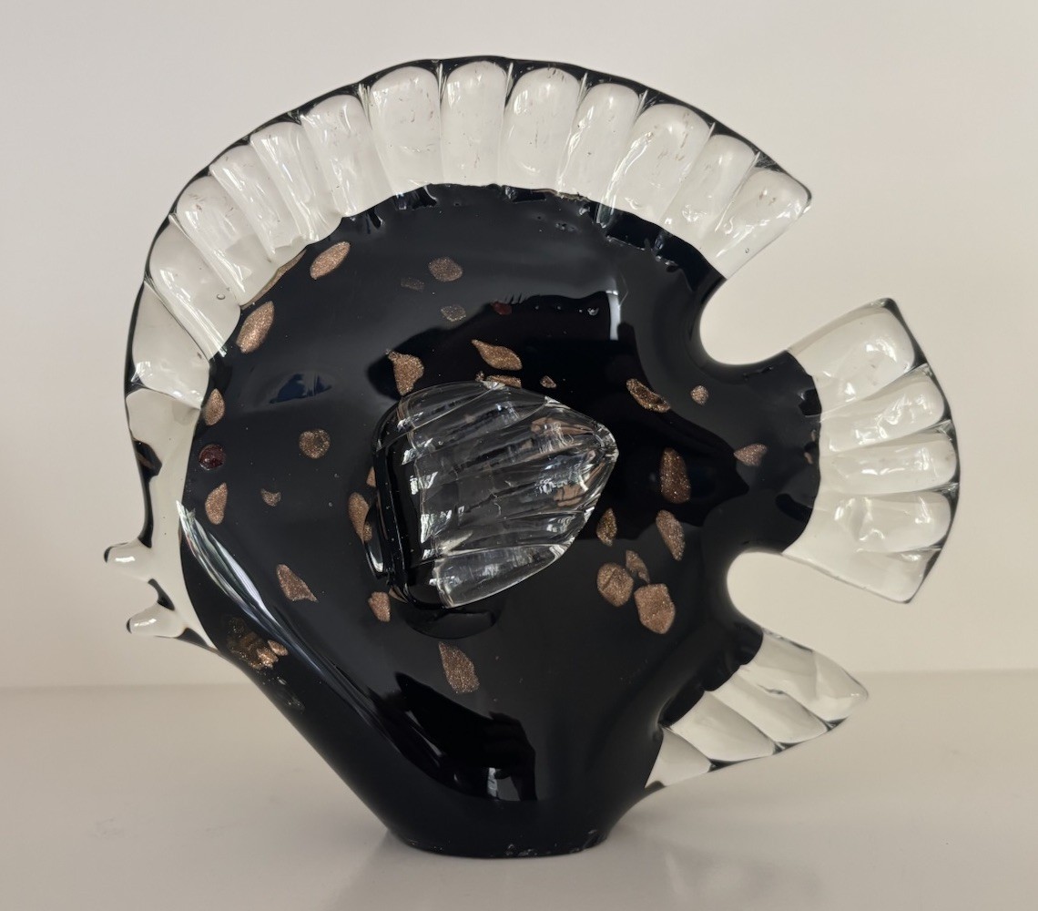 Vintage Murano Glass Fish Statue Black & Metallic Gold Excellent Condition