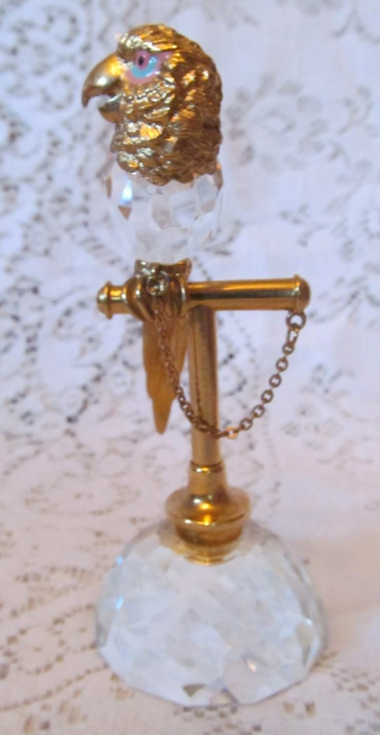 Vintage 80’s Swarovski Trimlite Crystal Gold Plated Parrot on Perch Figurine