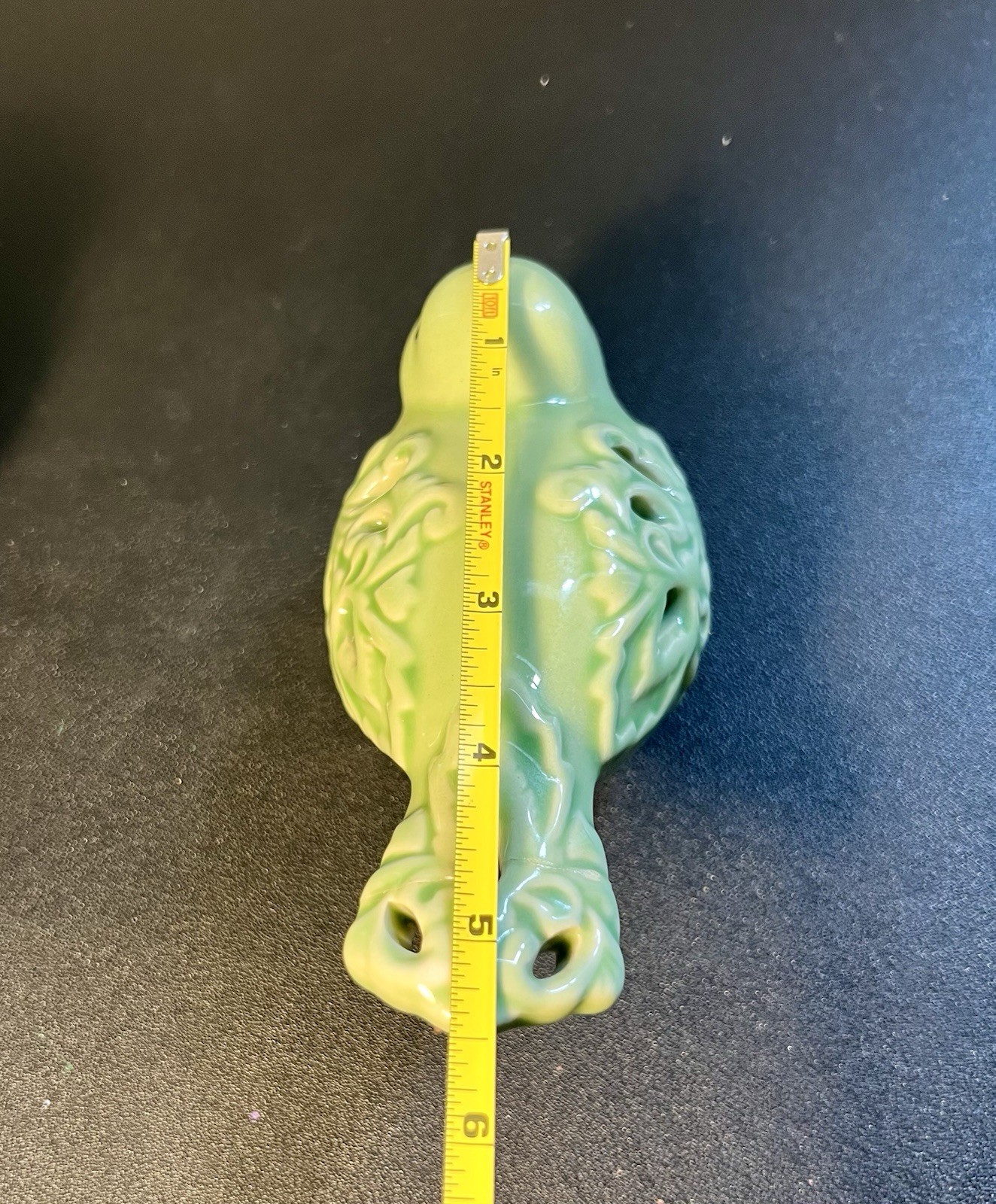 2 Green Ceramic Pierced Floral Bird Figurines, 5×5.5” REPAIRED