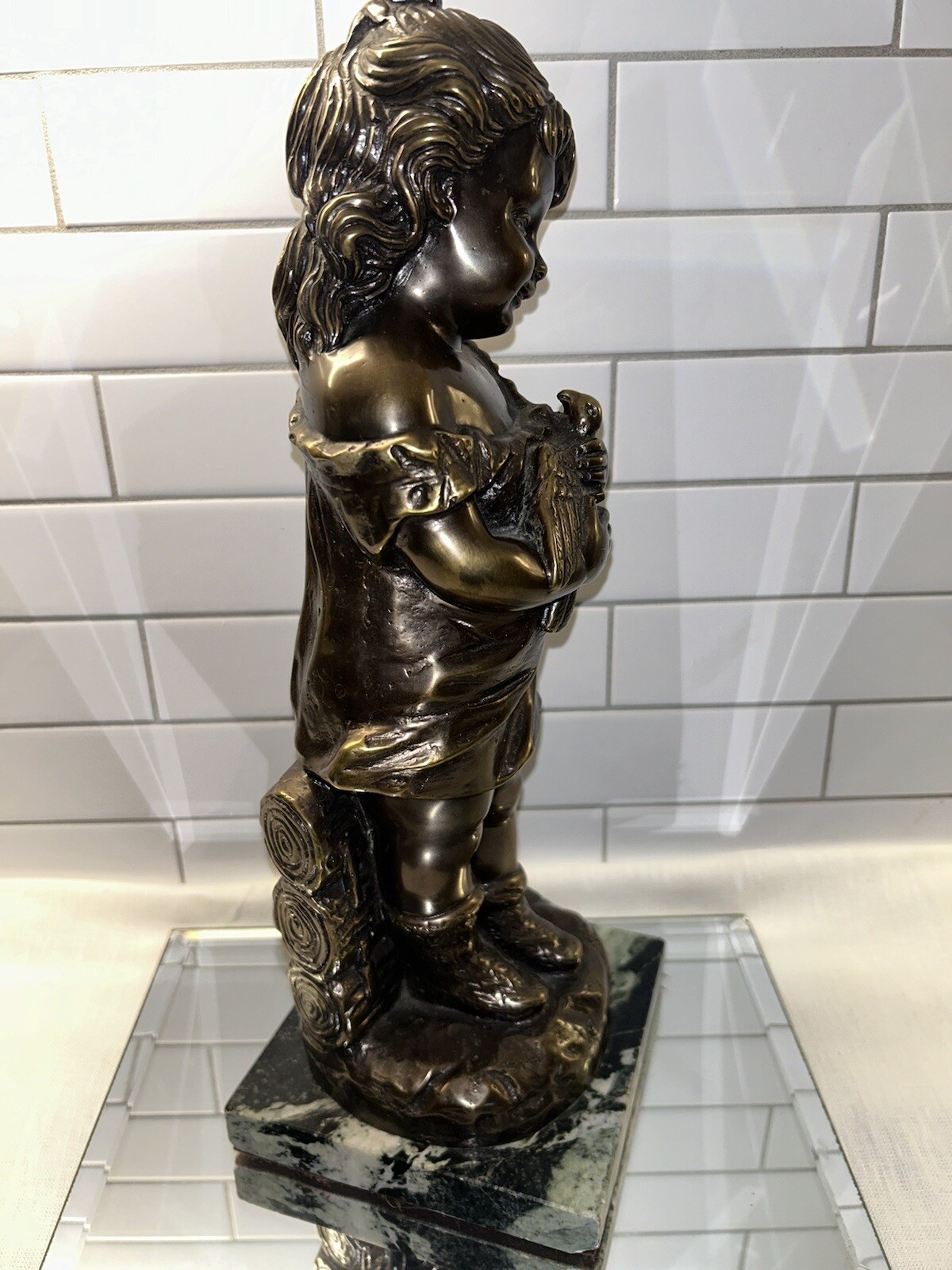 Antique Signed Alexander Doyle Bronze Sculpture of Young Girl W/ Bird 13” 10 lbs