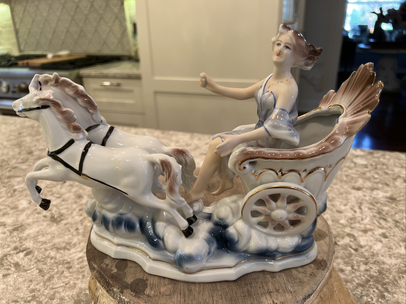 made in romania arpo porcelain lady charriot horses figurine Vtg