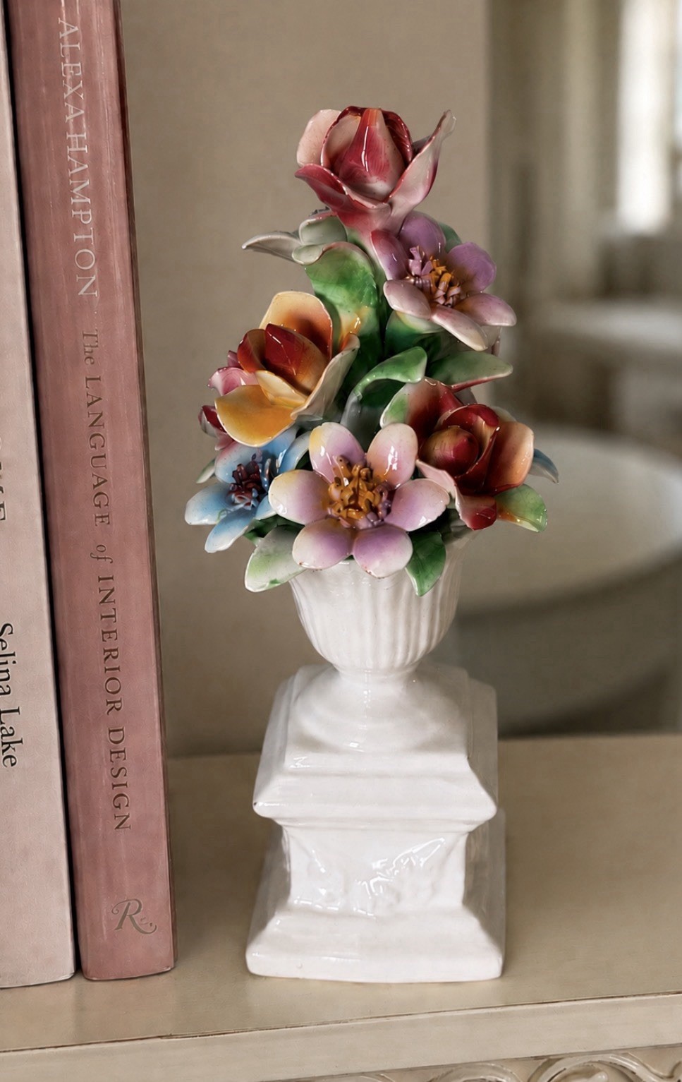 Capodimonte Style 7” Porcelain Pedestal Floral Figurine Romantic Pastel Flower