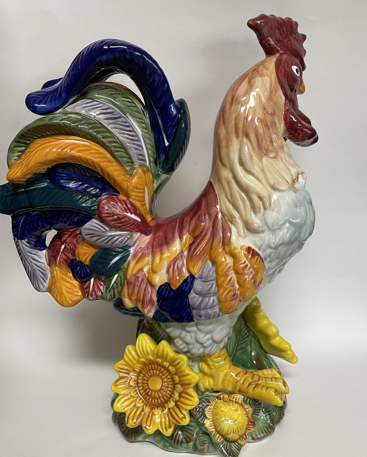 Ceramic Rooster on Sunflower Large Vintage J. Willfred Handpainted Sadek 15.5″