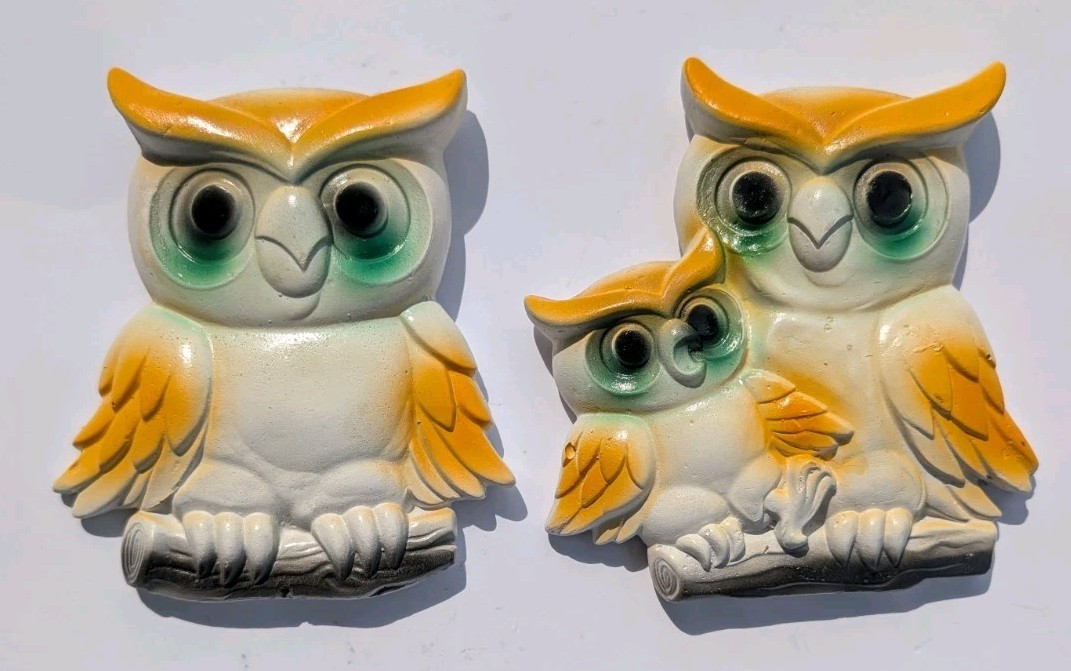 Vtg 1977 Miller Studio 2 Chalkware Owls Wall Hangers Cottage Farmhouse White 5″