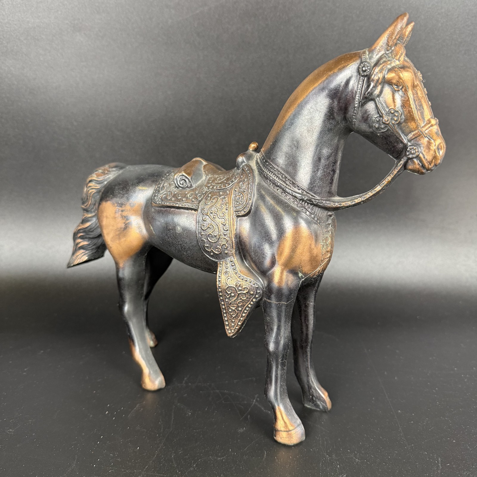 Vtg Cast Metal Copper Bronze Horse Stallion Saddle Figurine 10″ Tall