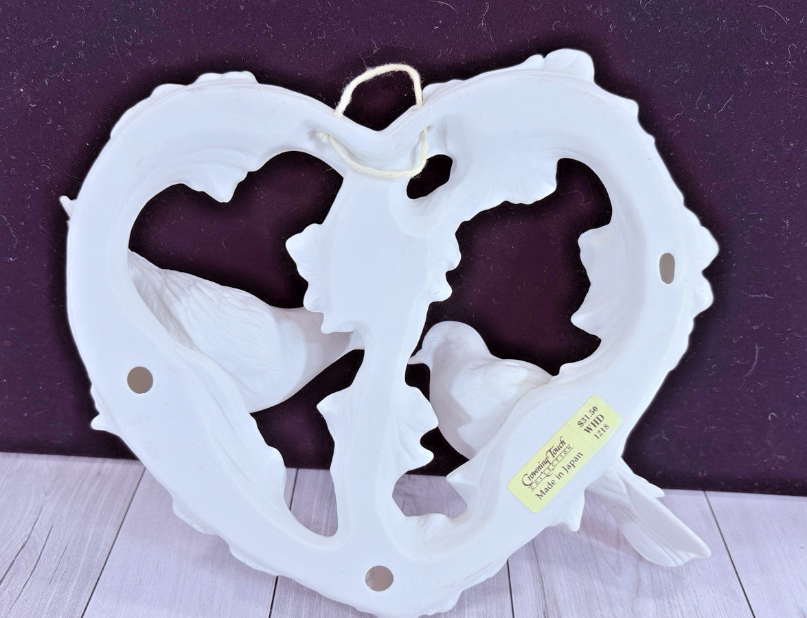 Vintage 80s Hallmark Ceramic Floral Heart Wreath Doves Wall Hanging Japan
