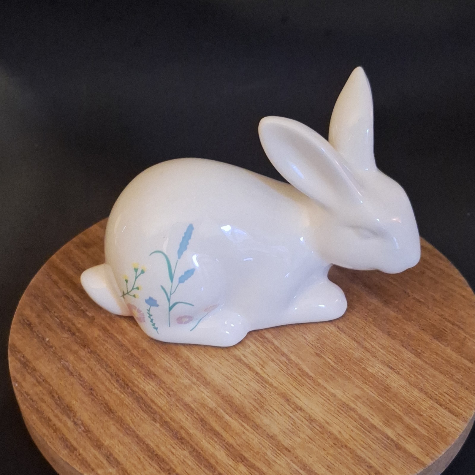 Ceramic Rabbit Figurine Hand Painted Floral Glossy White Blue Pink Yellow
