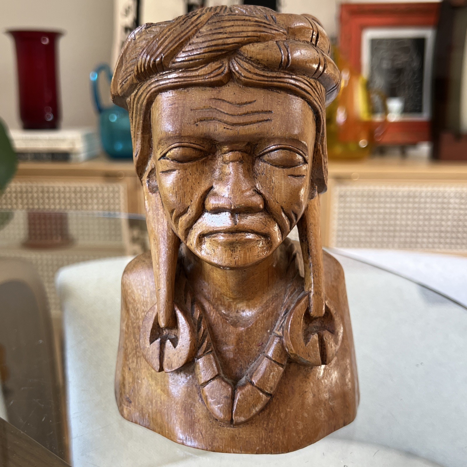 Vintage Hand-Carved Philippine Wood Bust Igorot Indigenous Figure