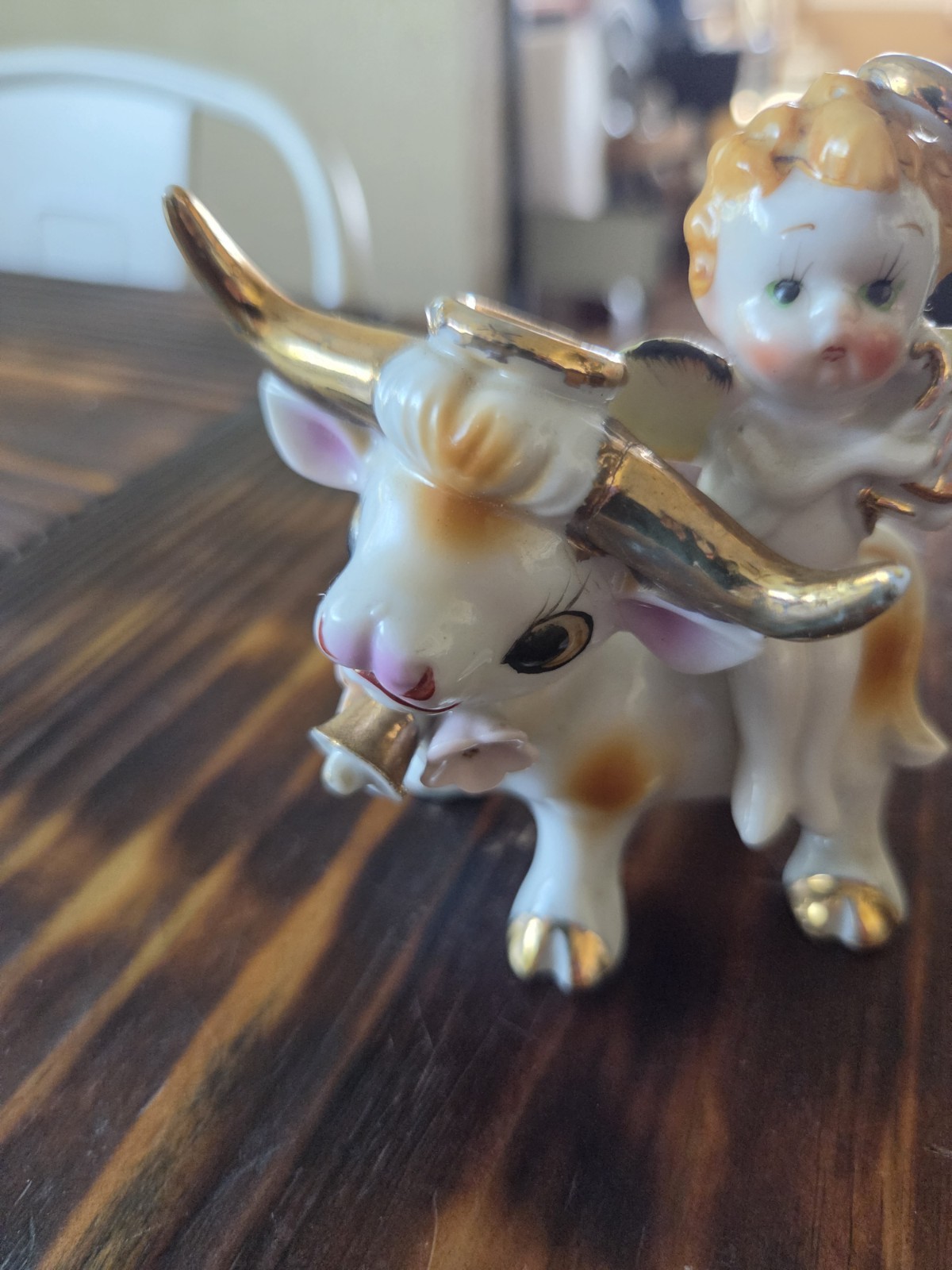 Rare Napco Cherub Playing Harp On Bull Figurine Japan