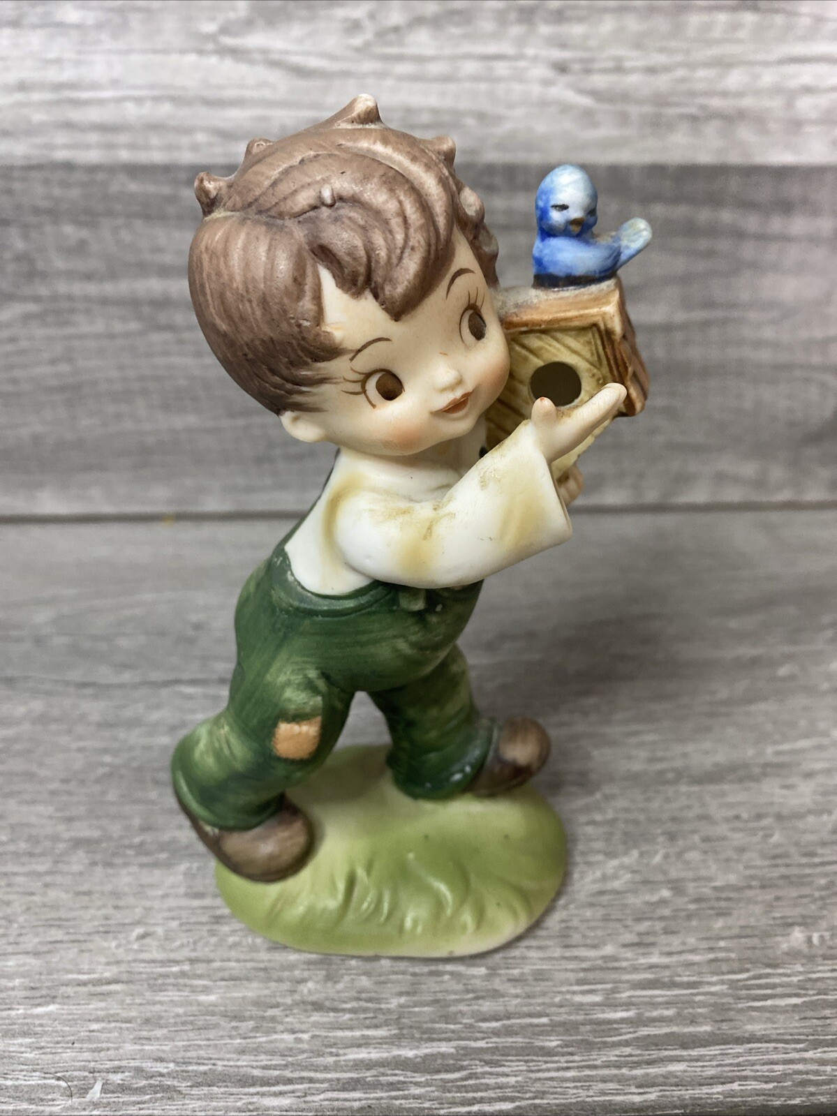 Vintage Boy Figurine Birdhouse Feeding Japan