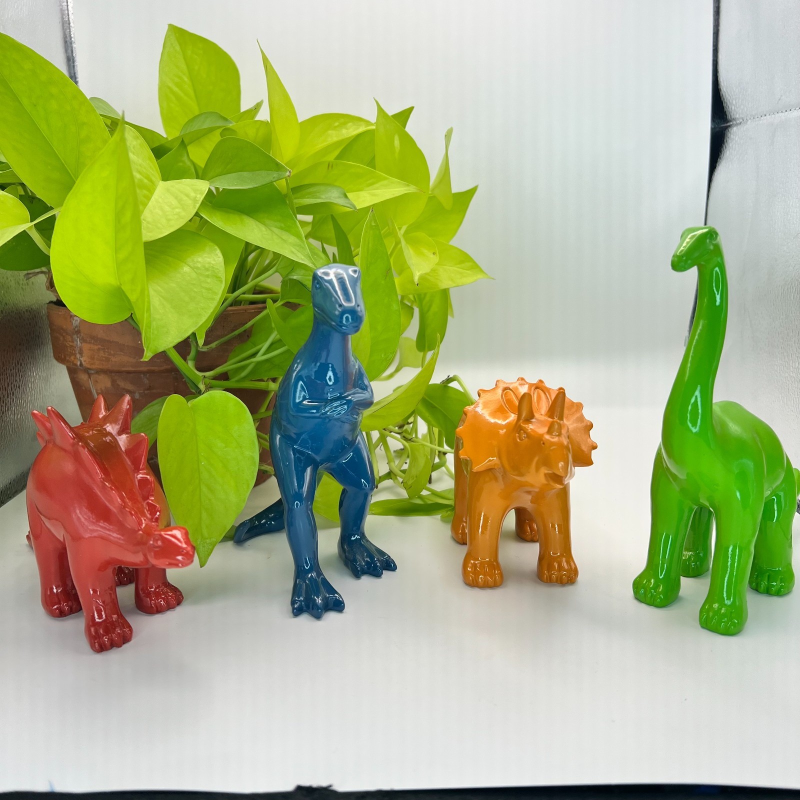 4 Dinosaurs Blue TRex Red Stegosaurus Green Brontosaurus Orange Triceratops Deco
