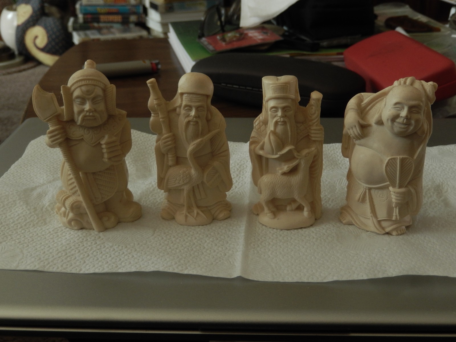 4 Vtg Resin Figurines Carved in Detail BUDDHA WISEMAN WARRIOR Estate Find 3 INCH