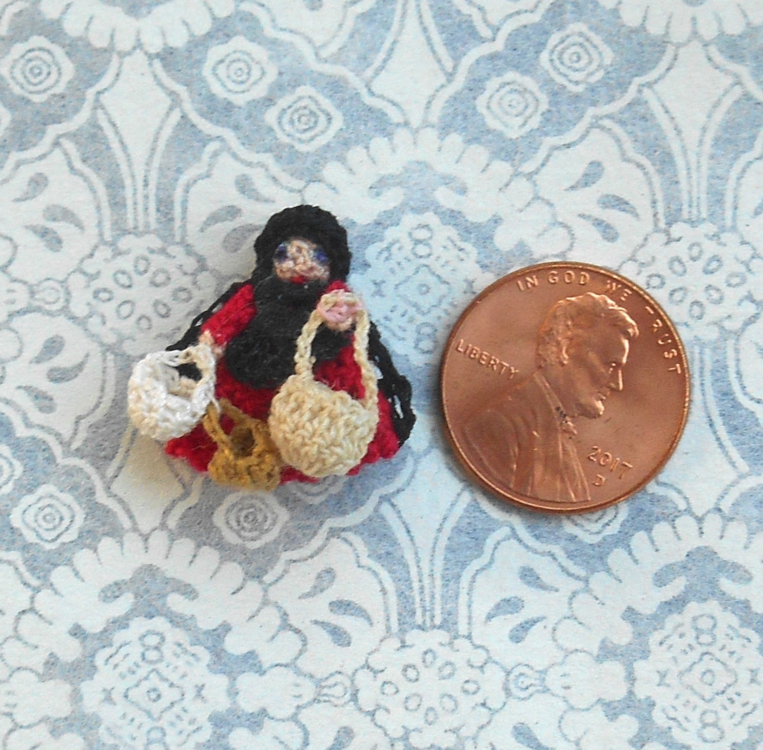 Miniature Crochet Peddler Doll with Baskets DOLLHOUSE MCrossland Artist 1:24