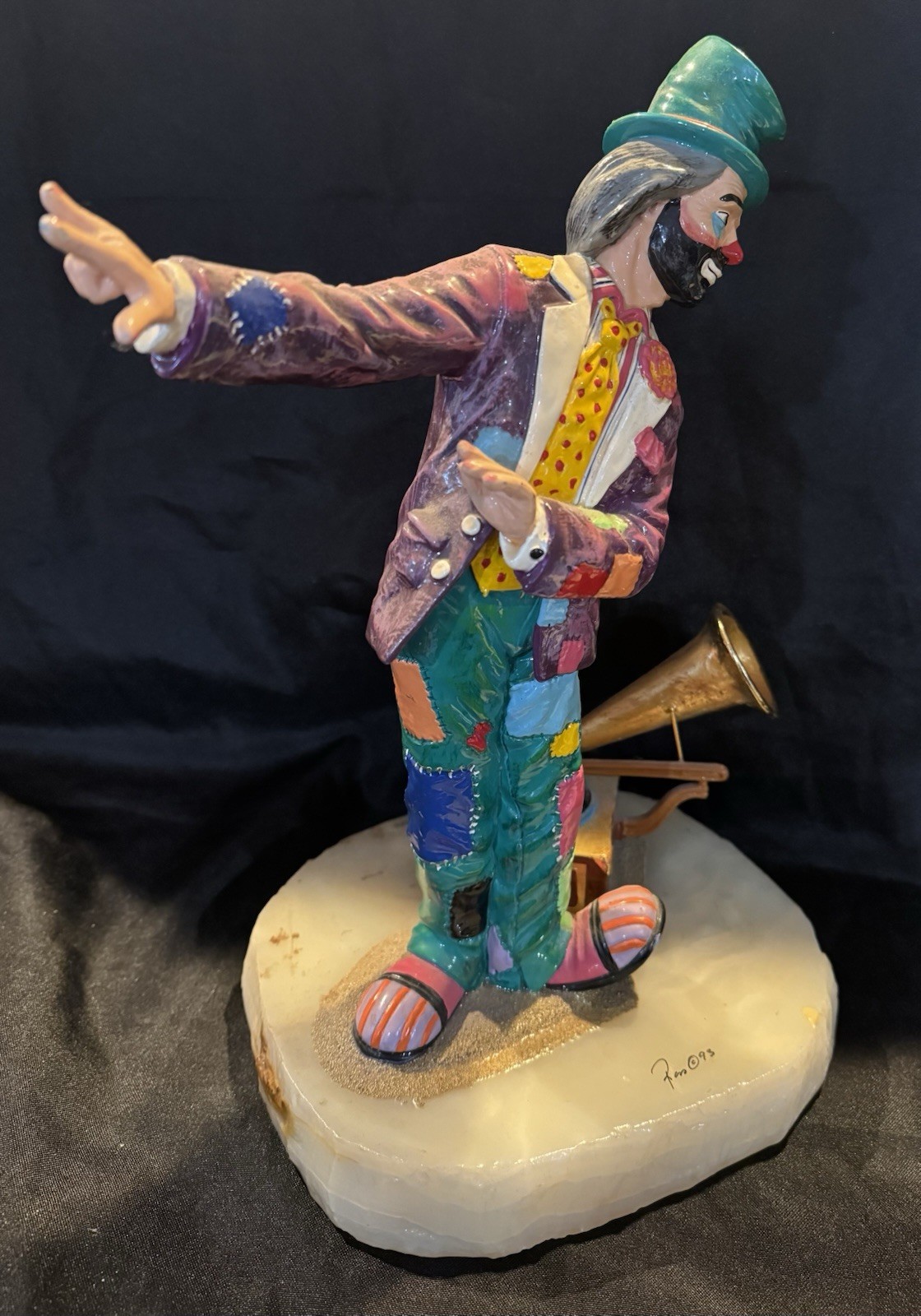 Signed Ron Lee 13” Soft Shoe Clown w/ Phonograph 24k Gold Plated Onyx Base x/750
