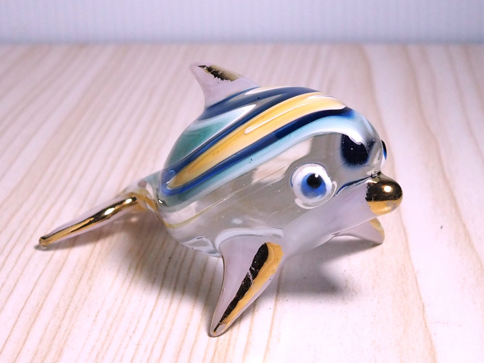 Pink Dolphin figurine handmade blown art glass gold trim 3.5 inches Gift decor