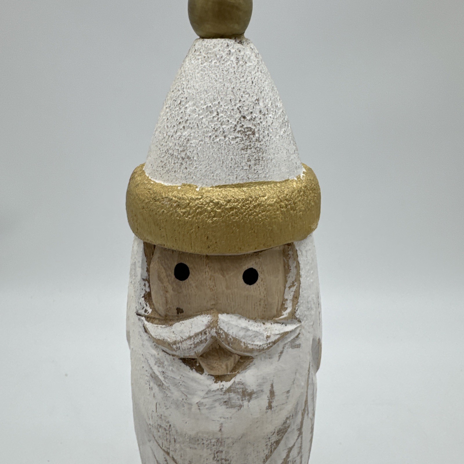 Santa Sitter Short Pine Wood Carved Gold White 12″ x 3″ Distressed